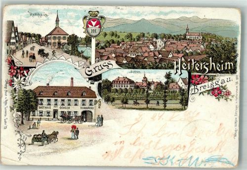 Heitersheim 1898 Lithographie Gasthaus-Brauerei zum Ochsen Rathaus Schloss Stauchungen