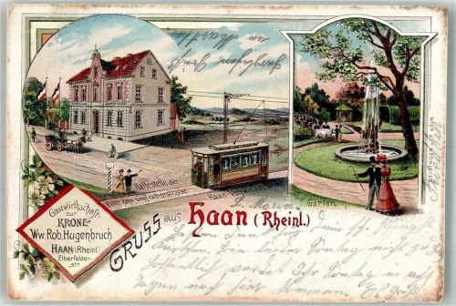 Haan 1909 Lithographie Gasthaus zur Krone Garten Springbrunnen Strassenbahn