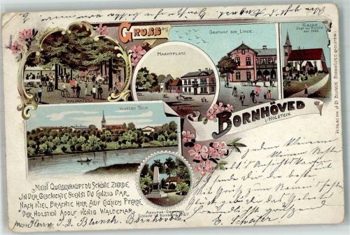 24619 W2351 Bornhöved 1902 Gebrauchsspuren Lithographie Marktplatz Etablissement Waldkater Adolphs-Denkmal Gasthaus zur Linde 4-Zeiler-Gedicht