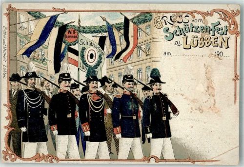 Lübben Lithographie Schützenfest Lübben Schützenbrüder Fahnen