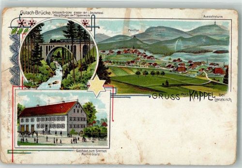 79853 W7825 Kappel , Hochschwarzw Gebrauchsspuren Lithographie Gutach-Brücke Gasthaus zum Sternen