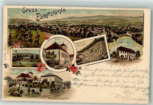 Eschershausen 1898 Badehaus Hotel Müller Markplatz Amtsgericht Steinbruch Ziegen Verlag Ottmar-Zieher-München Bahnpost Berlin- Zug 399