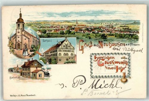 Neuhausen 1901 Bahnhof Kirche Rathaus Neujahreskarte