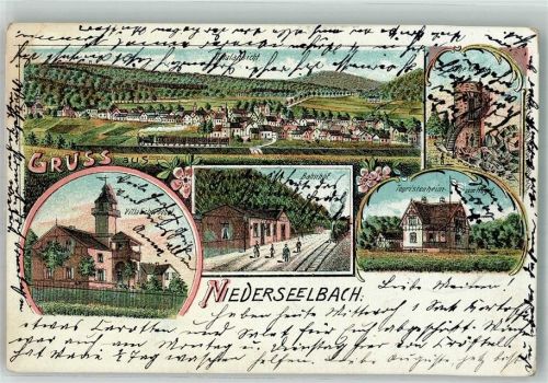 Niederseelbach 1907 Lithographie Bahnhof Villa Schwoebel Touristenheim Aussichtsturm