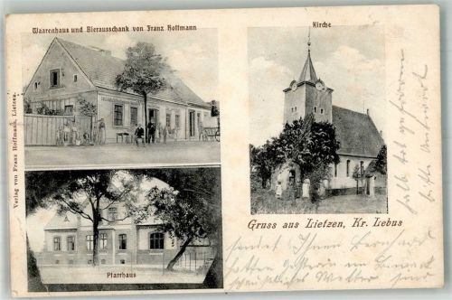 15306 O1211 Lietzen 1903 Gebrauchsspuren Gast- und Warenhaus Hoffmann Dorfkirche Pfarrhaus