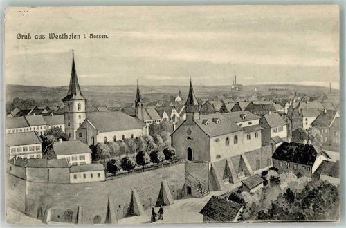 Westhofen 1915 Ev. Kirche und Kath. Kirche Zeichnung