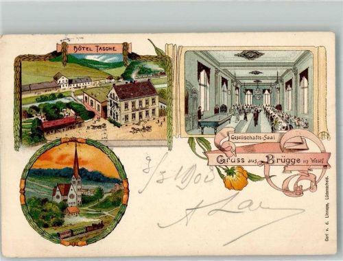 Brügge 1903 Hotel Tasche Gesellsschaftssaal Billardtisch Kirche Bahnpost Hagen-Dieringhausen Stauchung