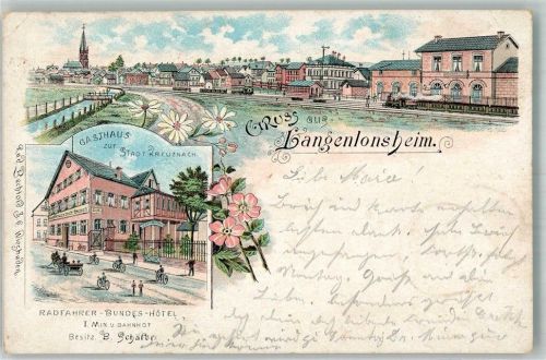 Langenlonsheim 1899 Gasthaus zur Stadt Kreuznach Bahnhof Bahnpost