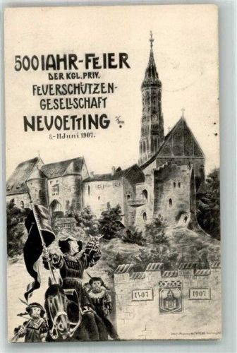 Neuötting 1907 500 Jahrfeier d. Feuerschützengesellschaft Neuötting 1907 Edelmann Pferd RS. Stempel der Feuerschützengesellschaft