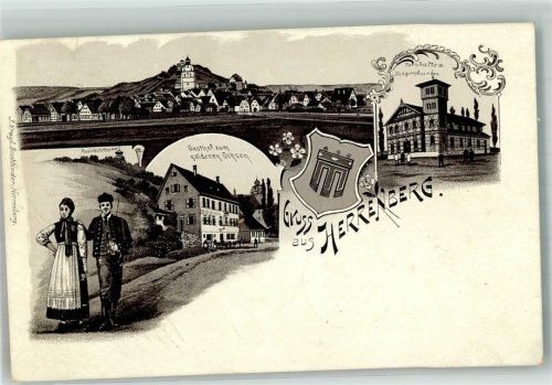 71083 W7033 Herrenberg im Gäu 1903 Lithographie Trachtenpaar Steigerturm Turnhalle Wappen Gasthaus zum goldenen Ochsen