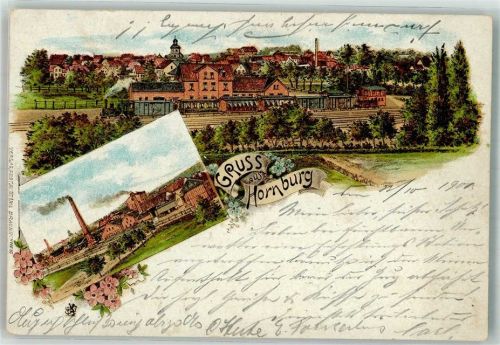 38315 W3342 Hornburg , Kr Wolfenbüttel 1901 Lithographie Fabrikgelände Bahnhof Personenzug