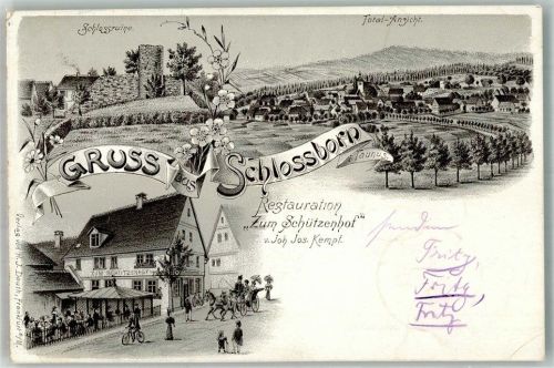 Schloßborn 1900 Lithographie Schlossruine Gasthaus zum Schützenhof
