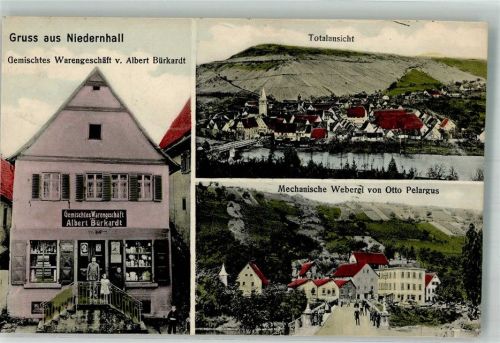Niedernhall 1910 Mech. Weberei Pelargus Gemischtwaren Bürkardt Emailleschilder