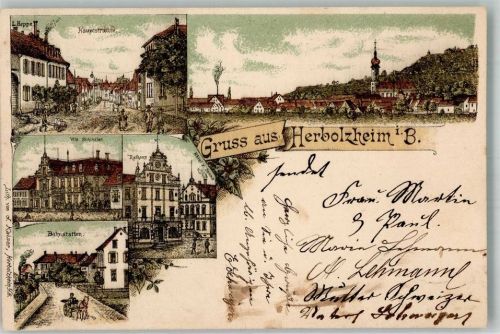 79336 W7834 Herbolzheim , Breisgau 1899 Lithographie Villa Schindler Hauptstrasse Rathaus Bahnstation Hotel zur Sonne