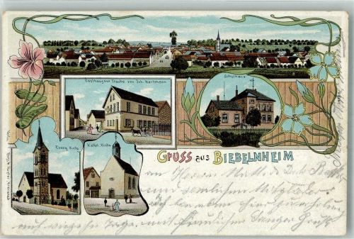 Biebelnheim 1904 Ev. Kirche Kath. Kirche Gasthaus zur Traube Schule