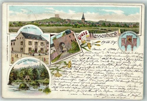 Wassenberg 1897 Lithographie Hotel Graab Rosstor Wappen Am Marienbruch