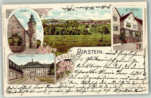 Birstein 1903 Lithographie Schloss-Portal Warenhaus Schien Kirche
