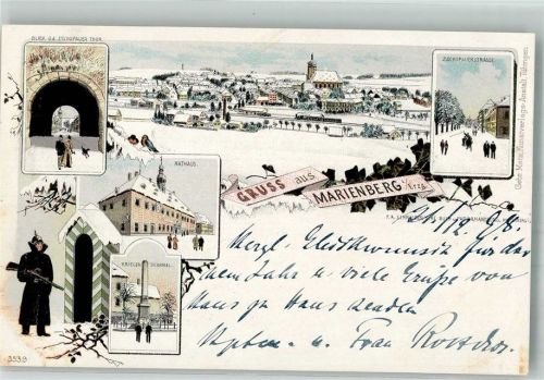 09496 O9340 Marienberg , Erzgeb 1899 Winterlithographie Wachsoldat Wachhäuschen Kriegerdenkmal Rathaus Zschopauerstrasse