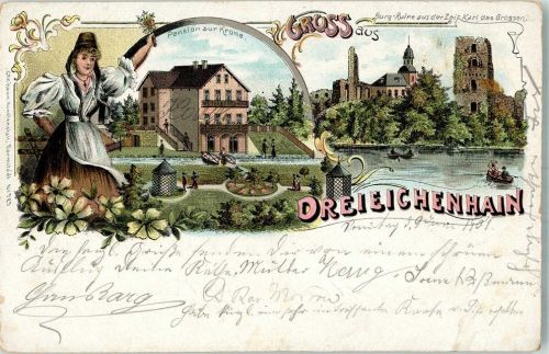 Dreieichenhain 1901 Lithographie Pension zur Krone Pavillon Burgruine Trachtenmädchen