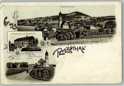 87466 W8967 Petersthal , Allgäu Lithographie Gasthaus zum Sängerfreund Petersthaler Hörnle Kirche Pfarrhof