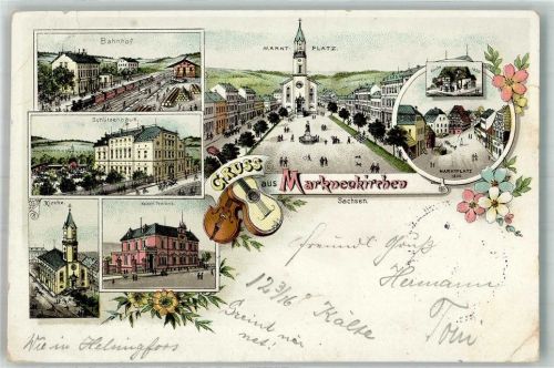 Markneukirchen 1899 Lithographie Bahnhof Kais. Postamt Gasthaus Schützenhaus Marktplatz Gitarren