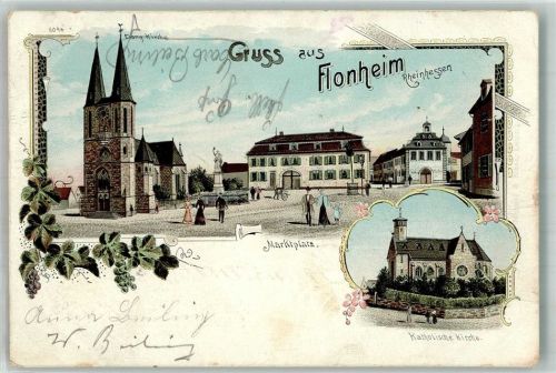 Flonheim Lithographie Marktplatz Denkmal Ev. Kirche Kath. Kirche