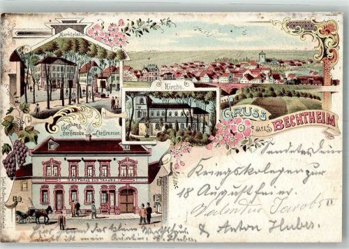 67595 W6521 Bechtheim , Rheinhess 1904 Lithographie Marktplatz Gasthaus zur Traube Kirche
