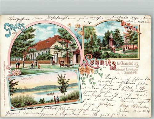 16515 O1407 Lehnitz 1899 Gebrauchsspuren Lithographie Lehnitz-see Kaiser Wilhelm I.-Denkmal Gasthaus Lehnitzsee