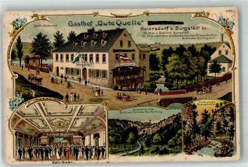 Burgstädt 1915 Lithographie Heiersdorf Gasthaus zur Guten Quelle Ballsaal Brauselochtal