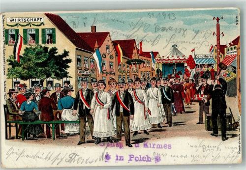 56751 W5444 Polch 1913 Gebrauchsspuren Lithographie Kirmes in Polch Festzug Schaustellerbuden Gasthaus Ort lt. Stempel