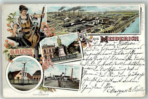 Meiderich 1900 Lithographie Kaiser Wilhelm-Denkmal Schmied Zeche Westende Kriegerdenkmal Rheinische Stahlwerke Bahnpost Oberhausen-