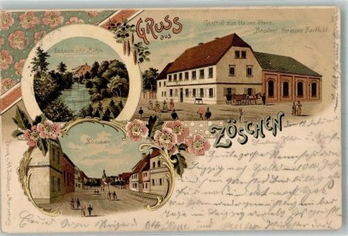 06254 O4201 Zöschen 1899 Lithographie Gasthaus zum blauen Stern Bachmann'sche Mühle Dorfstrasse