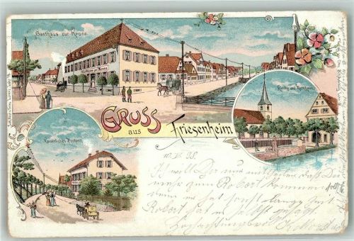 Friesenheim 1898 Gasthaus zur Krone Kaierl. Post Postkutsche Kirche Rathaus Abgestoßene Ecken