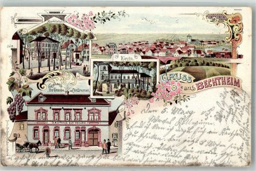 67595 W6521 Bechtheim , Rheinhess Lithographie Marktplatz Gasthaus zur Traube Kirche