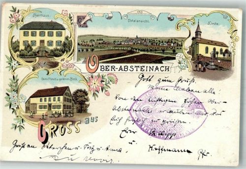 69518 W6941 Ober-Abtsteinach 1898 Lithographie Pfarrhaus Gasthaus zum goldnen Bock Dorfkirche
