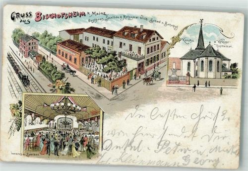 Bischofsheim 1908 Kriegerdenkmal Gasthaus-Metzgerei Saalbau Speise- und Tanzsaal Bahnhof Bahnpost