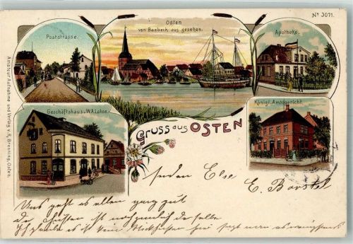 21756 W2176 Osten , Oste Lithographie Poststrasse Geschäftshaus Lohse Apotheke Kgl. Amtsgericht
