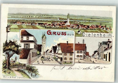 89165 W7905 Dietenheim , Iller 1908 Lithographie Dorfstrasse Dorfbach Kirche St. Martin