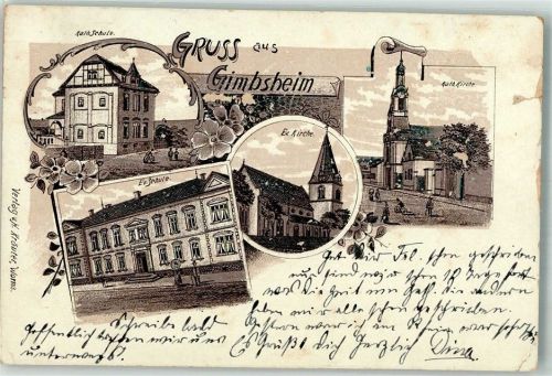 Gimbsheim 1909 Lithographie Ev. Schule Ev. Kirche Kath. Kirche Kath. Schule
