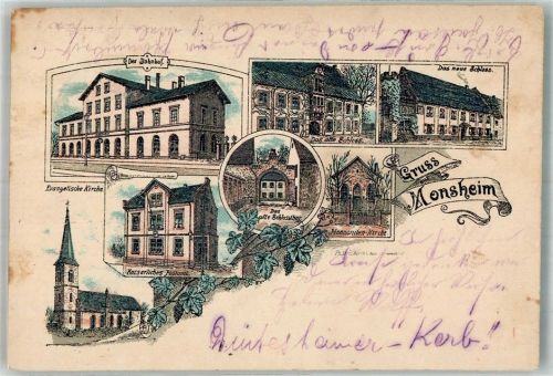 Monsheim 1897 Kais. Postamt Ev. Kirche Bahnhof Das neue Schloss Mennoniten-Kirche Bahnpost