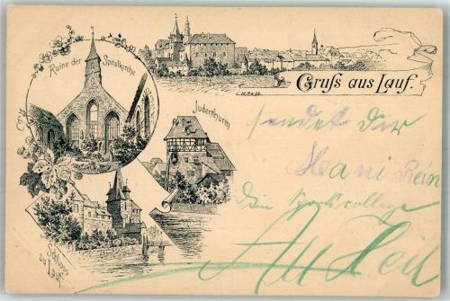 Lauf Vorläufer Druck um 1890 Schloss zu Lauf Ruine Spitalkirche Judenturm