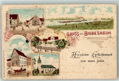64584 W6083 Biebesheim am Rhein 1919 Gebrauchsspuren Lithographie Rathaus Kaiserlinde Kinderschule Kirche Neujahreskarte