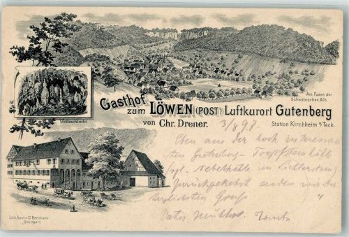 Gutenberg 1897 Vorläufer Druck um 1890 Gasthaus zum Löwen Wolfsschlucht