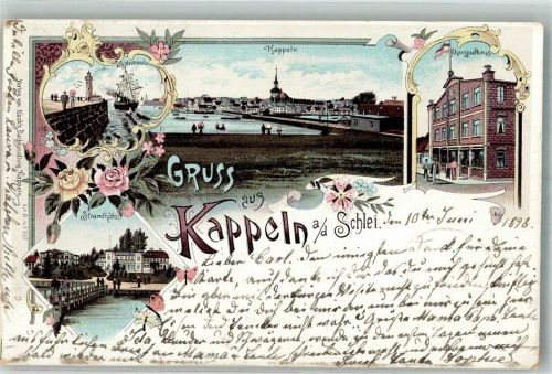 24376 W2340 Kappeln , Schlei 1898 Lithographie Schleimünde Segelschiff Schauspielhaus Strandhotel