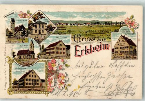 87746 W8941 Erkheim 1898 Lithographie Ev. Kirche Wohnhaus Thoma Kath. Kirche Gasthaus Brehm