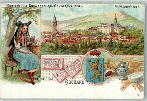 Sondershausen Thüringer Tracht Wappen Fürstentum Schwarzburg-Sondershausen Steingut- Kanne Werbekarte von Chocolat Suchard