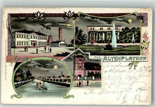 39307 O3281 Altenplathow 1906 Lithographie / Mondschein von Keller's Schloss Kanalansicht von Pieschel's Schloss