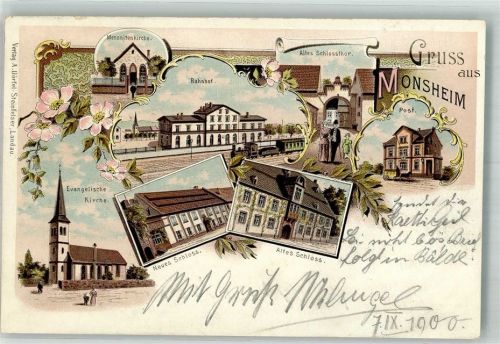 Monsheim 1900 Bahnhof Ev. Kirche Menonitenkirche Altes Schlosstor Neues - und Altes Schloss Bahnpost Bingen-Worms Zug 364