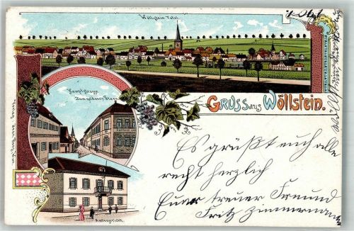 55597 W6556 Wöllstein , Rheinhess 1902 Lithographie Hauptstrasse Gasthaus zum goldenen Stern