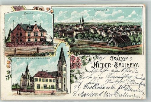 Nieder-Saulheim Bahnhof Ev. und Kath. Kirche Rathaus Kriegerdenkmal Bahnpost -Kirchheim Zug 432